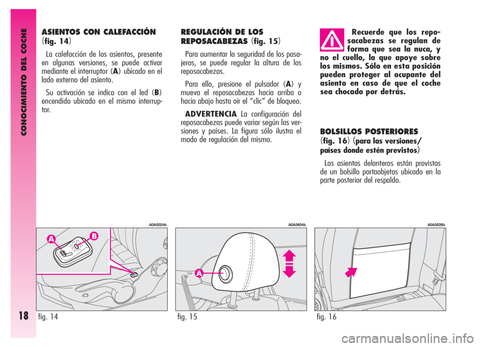 Alfa Romeo GT 2006  Manual de Empleo y Cuidado (in Spanish) CONOCIMIENTO DEL COCHE
18
BOLSILLOS POSTERIORES 
(fig. 16)(para las versiones/
países donde estén previstos
)
Los asientos delanteros están provistos
de un bolsillo portaobjetos ubicado en la
parte
