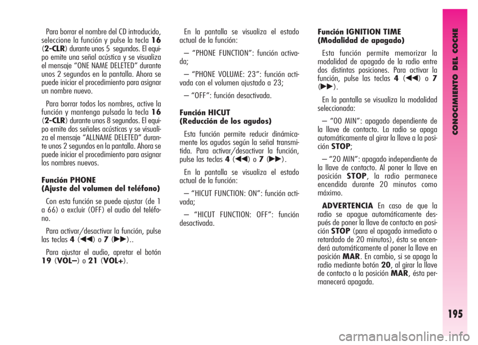 Alfa Romeo GT 2006 Manual de Empleo y Cuidado (in Spanish) CONOCIMIENTO DEL COCHE
195
Para borrar el nombre del CD introducido,
seleccione la función y pulse la tecla 16
(2-CLR) durante unos 5 segundos. El equi-
po emite una señal acústica y se visualiza
Alfa Romeo GT 2006 Manual de Empleo y Cuidado (in Spanish) CONOCIMIENTO DEL COCHE
195
Para borrar el nombre del CD introducido,
seleccione la función y pulse la tecla 16
(2-CLR) durante unos 5 segundos. El equi-
po emite una señal acústica y se visualiza