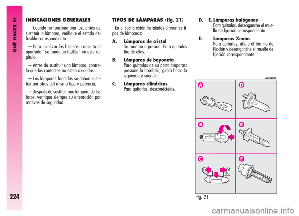 Alfa Romeo GT 2006  Manual de Empleo y Cuidado (in Spanish) QUÉ HACER SI
224
D. - E. Lámparas halógenas
Para quitarlas, desenganche el mue-
lle de fijación correspondiente. 
F. Lámparas Xenón 
Para quitarlas, afloje el tornillo de
fijación y desenganche