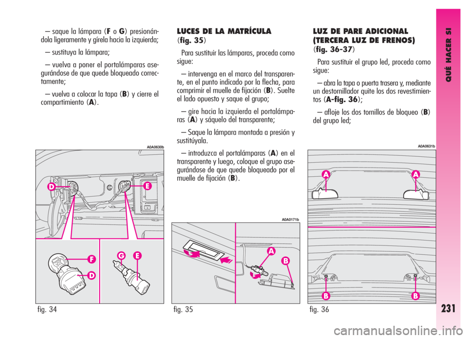 Alfa Romeo GT 2006 Manual de Empleo y Cuidado (in Spanish) QUÉ HACER SI
231
LUCES DE LA MATRÍCULA
(fig. 35)
Para sustituir las lámparas, proceda como
sigue:
– intervenga en el marco del transparen-
te, en el punto indicado por la flecha, para
comprimir Alfa Romeo GT 2006 Manual de Empleo y Cuidado (in Spanish) QUÉ HACER SI
231
LUCES DE LA MATRÍCULA
(fig. 35)
Para sustituir las lámparas, proceda como
sigue:
– intervenga en el marco del transparen-
te, en el punto indicado por la flecha, para
comprimir