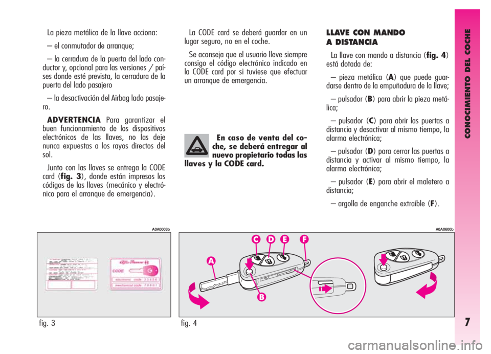 Alfa Romeo GT 2005  Manual de Empleo y Cuidado (in Spanish) CONOCIMIENTO DEL COCHE
7
La pieza metálica de la llave acciona:
– el conmutador de arranque;
– la cerradura de la puerta del lado con-
ductor y, opcional para las versiones / paí-
ses donde est�