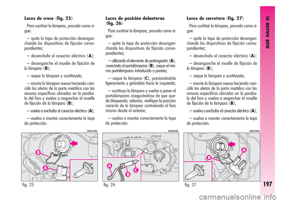 Alfa Romeo GT 2008 Manual de Empleo y Cuidado (in Spanish) QUÉ HACER SI
197
Luces de cruce (fig. 25)
Para sustituir la lámpara, proceda como si-
gue:
– quite la tapa de protección desengan-
chando los dispositivos de fijación corres-
pondientes;
– des Alfa Romeo GT 2008 Manual de Empleo y Cuidado (in Spanish) QUÉ HACER SI
197
Luces de cruce (fig. 25)
Para sustituir la lámpara, proceda como si-
gue:
– quite la tapa de protección desengan-
chando los dispositivos de fijación corres-
pondientes;
– des