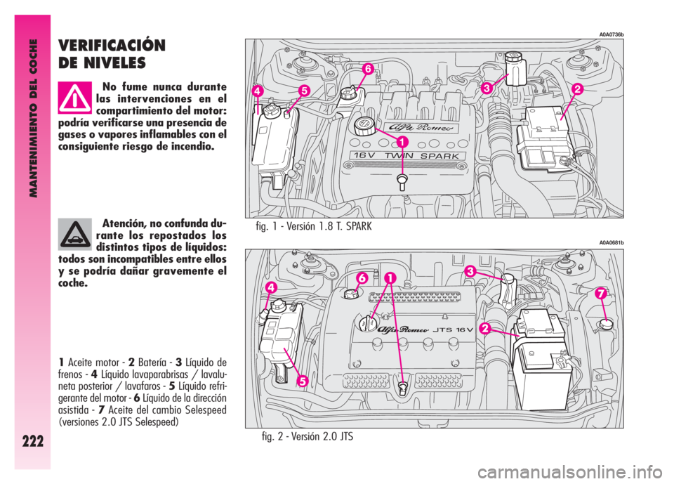 Alfa Romeo GT 2008 Manual de Empleo y Cuidado (in Spanish) MANTENIMIENTO DEL COCHE
222
fig. 1 - Versión 1.8 T. SPARK
A0A0736b
A0A0681b
VERIFICACIÓN
DE NIVELES
No fume nunca durante
las intervenciones en el
compartimiento del motor:
podría verificarse una Alfa Romeo GT 2008 Manual de Empleo y Cuidado (in Spanish) MANTENIMIENTO DEL COCHE
222
fig. 1 - Versión 1.8 T. SPARK
A0A0736b
A0A0681b
VERIFICACIÓN
DE NIVELES
No fume nunca durante
las intervenciones en el
compartimiento del motor:
podría verificarse una