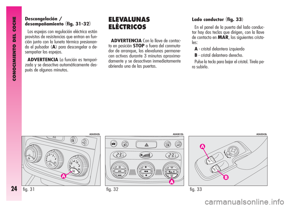 Alfa Romeo GT 2008 Manual de Empleo y Cuidado (in Spanish) CONOCIMIENTO DEL COCHE
24fig. 33
A0A0043b
ELEVALUNAS
ELÉCTRICOS
ADVERTENCIACon la llave de contac-
to en posición STOPo fuera del conmuta-
dor de arranque, los elevalunas permane-
cen activos durant Alfa Romeo GT 2008 Manual de Empleo y Cuidado (in Spanish) CONOCIMIENTO DEL COCHE
24fig. 33
A0A0043b
ELEVALUNAS
ELÉCTRICOS
ADVERTENCIACon la llave de contac-
to en posición STOPo fuera del conmuta-
dor de arranque, los elevalunas permane-
cen activos durant