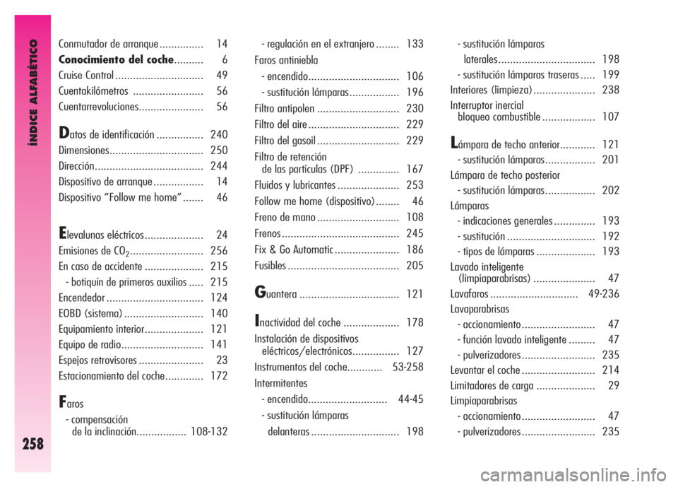 Alfa Romeo GT 2007  Manual de Empleo y Cuidado (in Spanish) ÍNDICE ALFABÉTICO
258
Conmutador de arranque ............... 14 
Conocimiento del coche.......... 6 
Cruise Control .............................. 49 
Cuentakilómetros ........................ 56 
