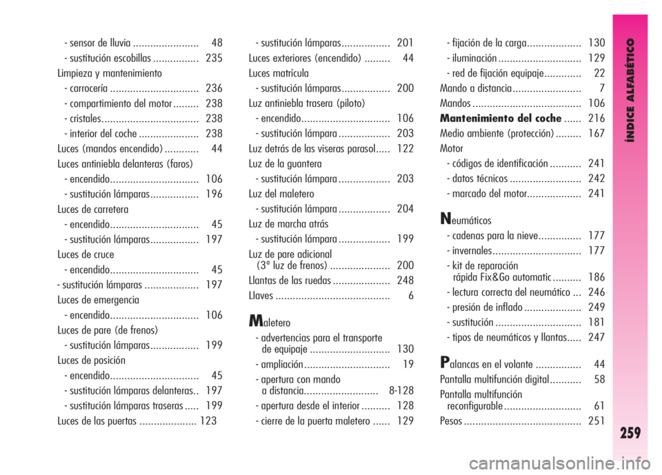 Alfa Romeo GT 2008  Manual de Empleo y Cuidado (in Spanish) ÍNDICE ALFABÉTICO
259
- sensor de lluvia ....................... 48 
- sustitución escobillas ................ 235 
Limpieza y mantenimiento 
- carrocería ............................... 236 
- co