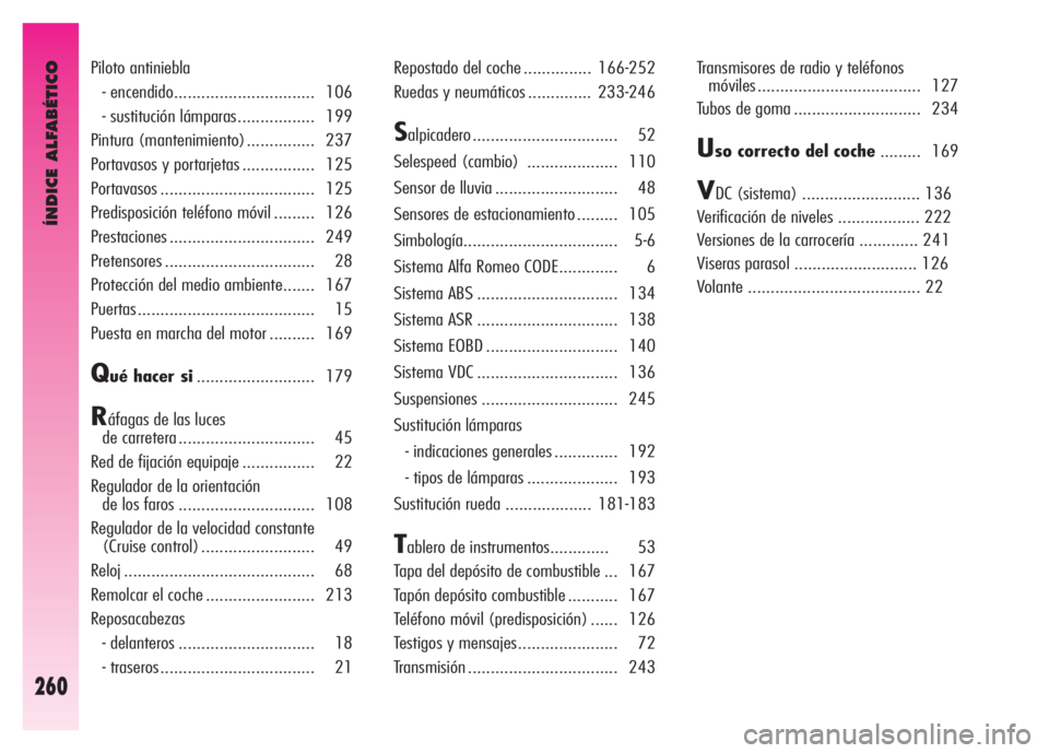 Alfa Romeo GT 2007  Manual de Empleo y Cuidado (in Spanish) ÍNDICE ALFABÉTICO
260
Piloto antiniebla 
- encendido............................... 106 
- sustitución lámparas................. 199 
Pintura (mantenimiento)............... 237 
Portavasos y porta