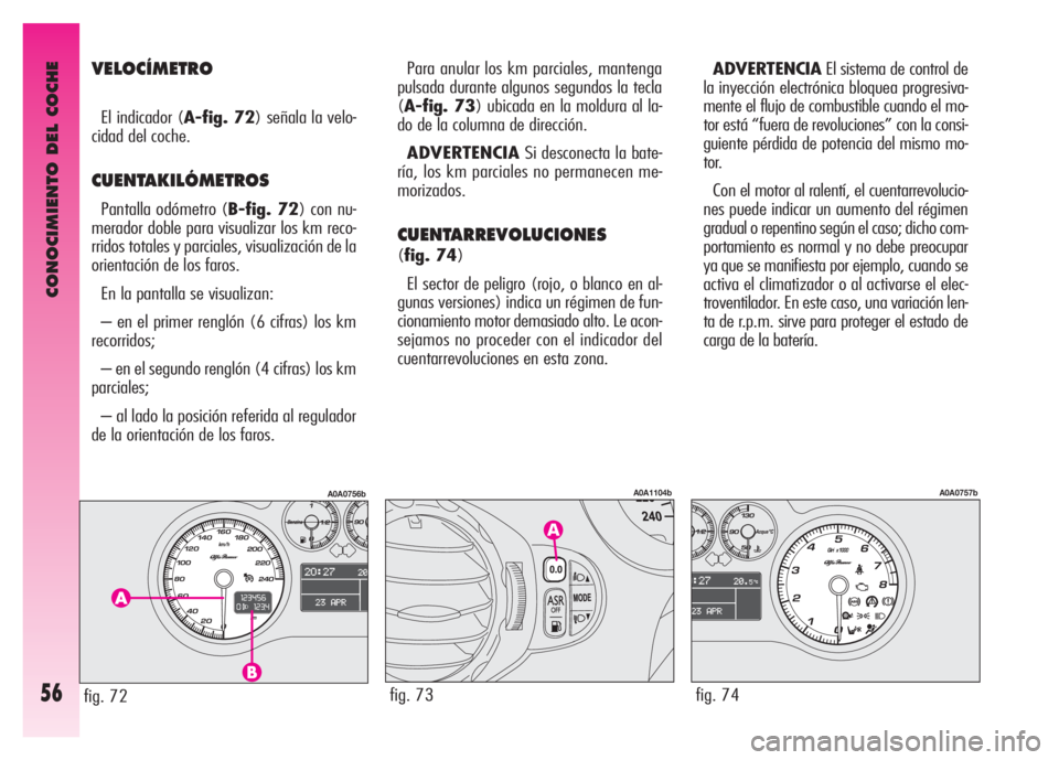 Alfa Romeo GT 2008  Manual de Empleo y Cuidado (in Spanish) CONOCIMIENTO DEL COCHE
56
VELOCÍMETRO
El indicador (A-fig. 72) señala la velo-
cidad del coche.
CUENTAKILÓMETROS
Pantalla odómetro (B-fig. 72) con nu-
merador doble para visualizar los km reco-
rr