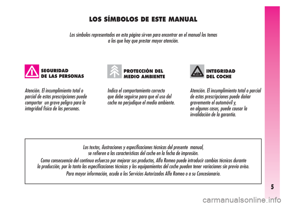 Alfa Romeo GT 2008  Manual de Empleo y Cuidado (in Spanish) 5
LOS SÍMBOLOS DE ESTE MANUAL
Los símbolos representados en esta página sirven para encontrar en el manual los temas 
a los que hay que prestar mayor atención. 
Indica el comportamiento correcto 
