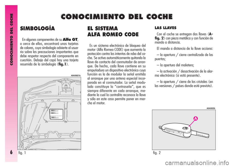 Alfa Romeo GT 2008 Manual de Empleo y Cuidado (in Spanish) CONOCIMIENTO DEL COCHE
6
EL SISTEMA
ALFA ROMEO CODE
Es un sistema electrónico de bloqueo del
motor (Alfa Romeo CODE) que aumenta la
protección contra los intentos de robo del co-
che. Se activa aut Alfa Romeo GT 2008 Manual de Empleo y Cuidado (in Spanish) CONOCIMIENTO DEL COCHE
6
EL SISTEMA
ALFA ROMEO CODE
Es un sistema electrónico de bloqueo del
motor (Alfa Romeo CODE) que aumenta la
protección contra los intentos de robo del co-
che. Se activa aut