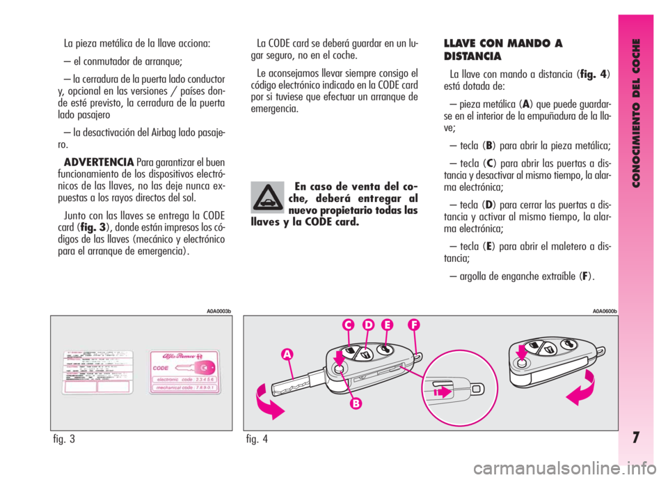 Alfa Romeo GT 2007  Manual de Empleo y Cuidado (in Spanish) CONOCIMIENTO DEL COCHE
7
La pieza metálica de la llave acciona:
– el conmutador de arranque;
– la cerradura de la puerta lado conductor
y, opcional en las versiones / países don-
de esté previs