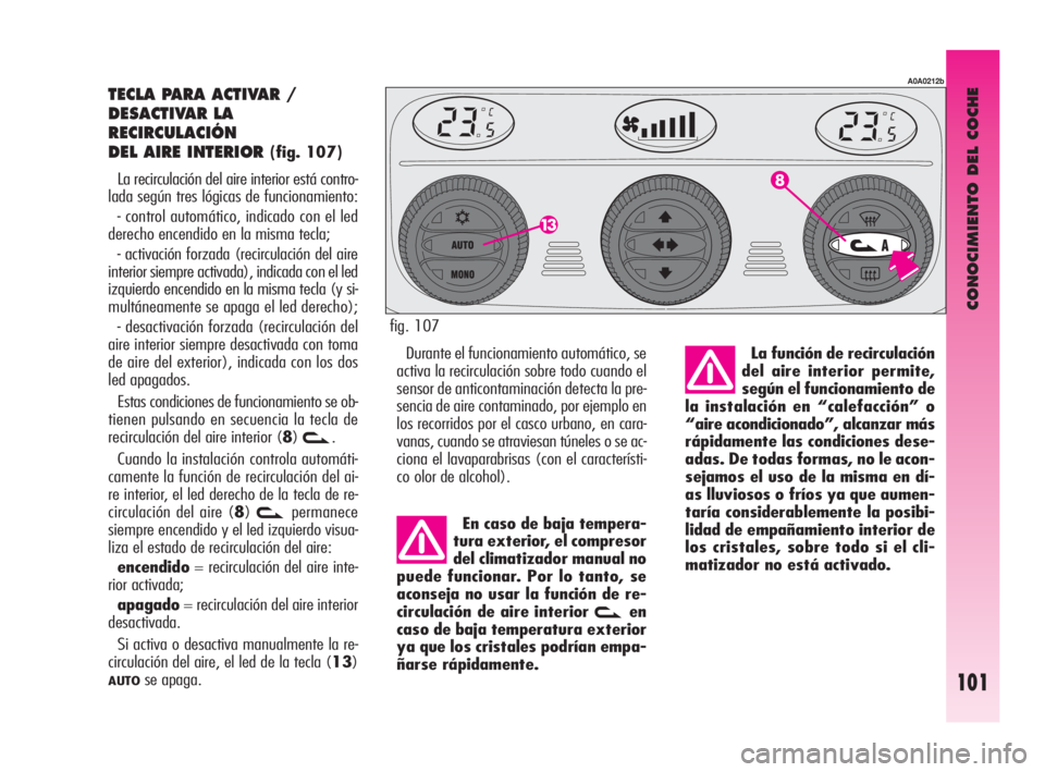 Alfa Romeo GT 2009  Manual de Empleo y Cuidado (in Spanish) CONOCIMIENTO DEL COCHE
101
TECLA PARA ACTIVAR / 
DESACTIVAR LA
RECIRCULACIÓN
DEL AIRE INTERIOR 
(fig. 107)
La recirculación del aire interior está contro-
lada según tres lógicas de funcionamient