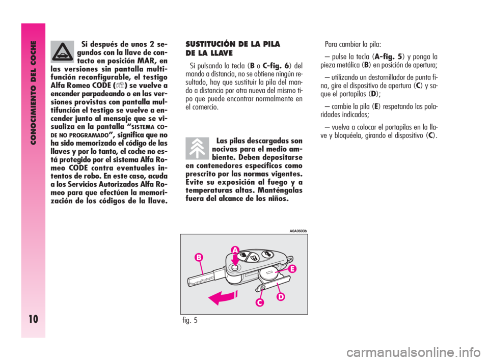 Alfa Romeo GT 2010  Manual de Empleo y Cuidado (in Spanish) CONOCIMIENTO DEL COCHE
10
Si después de unos 2 se-
gundos con la llave de con-
tacto en posición MAR, en
las versiones sin pantalla multi-
función reconfigurable, el testigo
Alfa Romeo CODE (
Y) se