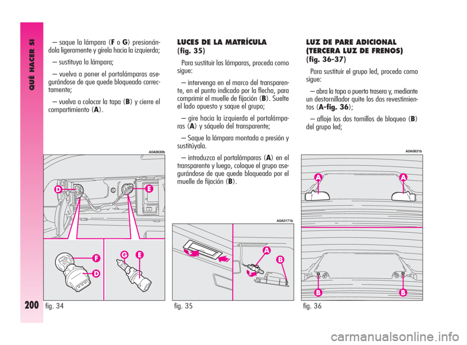 Alfa Romeo GT 2010 Manual de Empleo y Cuidado (in Spanish) QUÉ HACER SI
200
LUCES DE LA MATRÍCULA
(fig. 35)
Para sustituir las lámparas, proceda como
sigue:
– intervenga en el marco del transparen-
te, en el punto indicado por la flecha, para
comprimir Alfa Romeo GT 2010 Manual de Empleo y Cuidado (in Spanish) QUÉ HACER SI
200
LUCES DE LA MATRÍCULA
(fig. 35)
Para sustituir las lámparas, proceda como
sigue:
– intervenga en el marco del transparen-
te, en el punto indicado por la flecha, para
comprimir