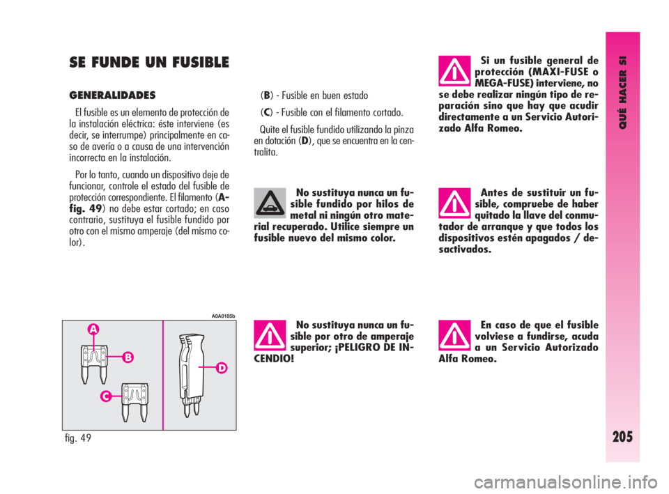 Alfa Romeo GT 2009  Manual de Empleo y Cuidado (in Spanish) QUÉ HACER SI
205
SE FUNDE UN FUSIBLE 
GENERALIDADES
El fusible es un elemento de protección de
la instalación eléctrica: éste interviene (es
decir, se interrumpe) principalmente en ca-
so de aver
