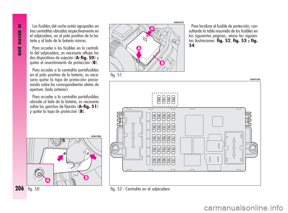 Alfa Romeo GT 2010 Manual de Empleo y Cuidado (in Spanish) QUÉ HACER SI
206
Para localizar el fusible de protección, con-
sultando la tabla resumida de los fusibles en
las siguientes páginas, véase las siguien-
tes ilustraciones: fig. 52,fig. 53yfig.
54. Alfa Romeo GT 2010 Manual de Empleo y Cuidado (in Spanish) QUÉ HACER SI
206
Para localizar el fusible de protección, con-
sultando la tabla resumida de los fusibles en
las siguientes páginas, véase las siguien-
tes ilustraciones: fig. 52,fig. 53yfig.
54.