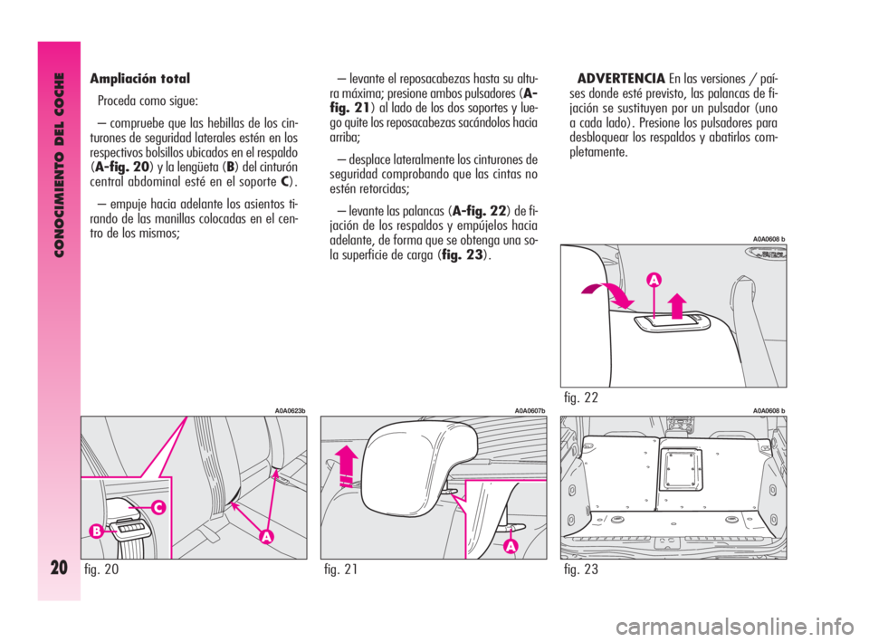 Alfa Romeo GT 2010  Manual de Empleo y Cuidado (in Spanish) CONOCIMIENTO DEL COCHE
20
– levante el reposacabezas hasta su altu-
ra máxima; presione ambos pulsadores (A-
fig. 21) al lado de los dos soportes y lue-
go quite los reposacabezas sacándolos hacia