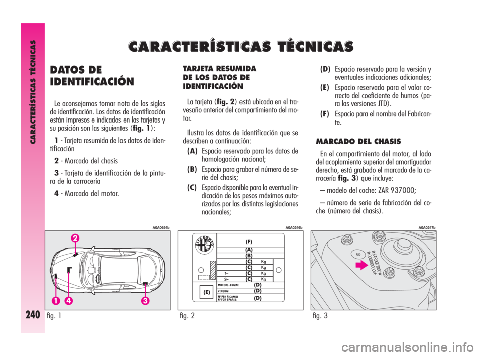 Alfa Romeo GT 2010  Manual de Empleo y Cuidado (in Spanish) CARACTERÍSTICAS TÉCNICAS
240
TARJETA RESUMIDA 
DE LOS DATOS DE
IDENTIFICACIÓN
La tarjeta (fig. 2) está ubicada en el tra-
vesaño anterior del compartimiento del mo-
tor.
Ilustra los datos de iden