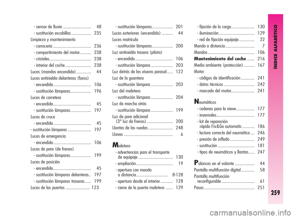 Alfa Romeo GT 2010  Manual de Empleo y Cuidado (in Spanish) ÍNDICE ALFABÉTICO
259
- sensor de lluvia ....................... 48 
- sustitución escobillas ................ 235 
Limpieza y mantenimiento 
- carrocería ............................... 236 
- co