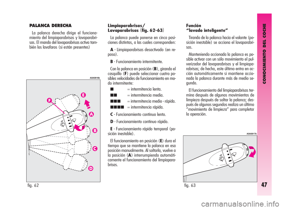 Alfa Romeo GT 2010  Manual de Empleo y Cuidado (in Spanish) CONOCIMIENTO DEL COCHE
47
PALANCA DERECHA
La palanca derecha dirige el funciona-
miento del limpiaparabrisas y lavaparabri-
sas. El mando del lavaparabrisas activa tam-
bién los lavafaros (si están 
