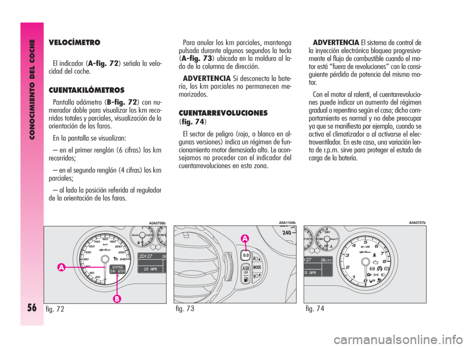 Alfa Romeo GT 2010 Manual de Empleo y Cuidado (in Spanish) CONOCIMIENTO DEL COCHE
56
VELOCÍMETRO
El indicador (A-fig. 72) señala la velo-
cidad del coche.
CUENTAKILÓMETROS
Pantalla odómetro (B-fig. 72) con nu-
merador doble para visualizar los km reco-
rr Alfa Romeo GT 2010 Manual de Empleo y Cuidado (in Spanish) CONOCIMIENTO DEL COCHE
56
VELOCÍMETRO
El indicador (A-fig. 72) señala la velo-
cidad del coche.
CUENTAKILÓMETROS
Pantalla odómetro (B-fig. 72) con nu-
merador doble para visualizar los km reco-
rr