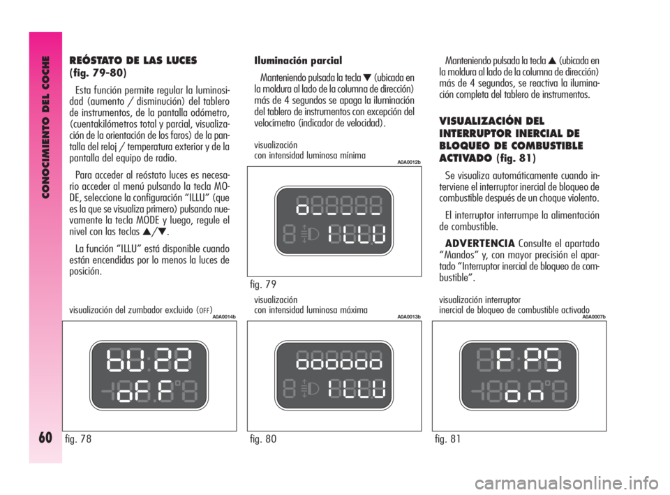 Alfa Romeo GT 2010  Manual de Empleo y Cuidado (in Spanish) CONOCIMIENTO DEL COCHE
60
fig. 79
A0A0012b
fig. 80
A0A0013b
fig. 81
A0A0007b
Iluminación parcial 
Manteniendo pulsada la tecla 
▼(ubicada en
la moldura al lado de la columna de dirección)
más de 