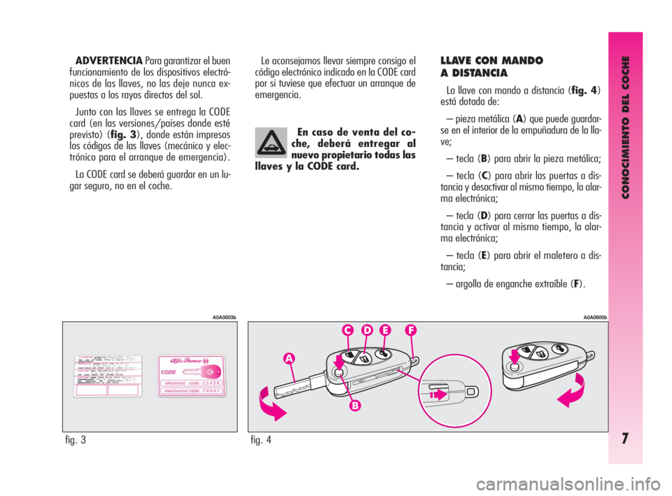 Alfa Romeo GT 2010  Manual de Empleo y Cuidado (in Spanish) CONOCIMIENTO DEL COCHE
7
ADVERTENCIAPara garantizar el buen
funcionamiento de los dispositivos electró-
nicos de las llaves, no las deje nunca ex-
puestas a los rayos directos del sol.
Junto con las 