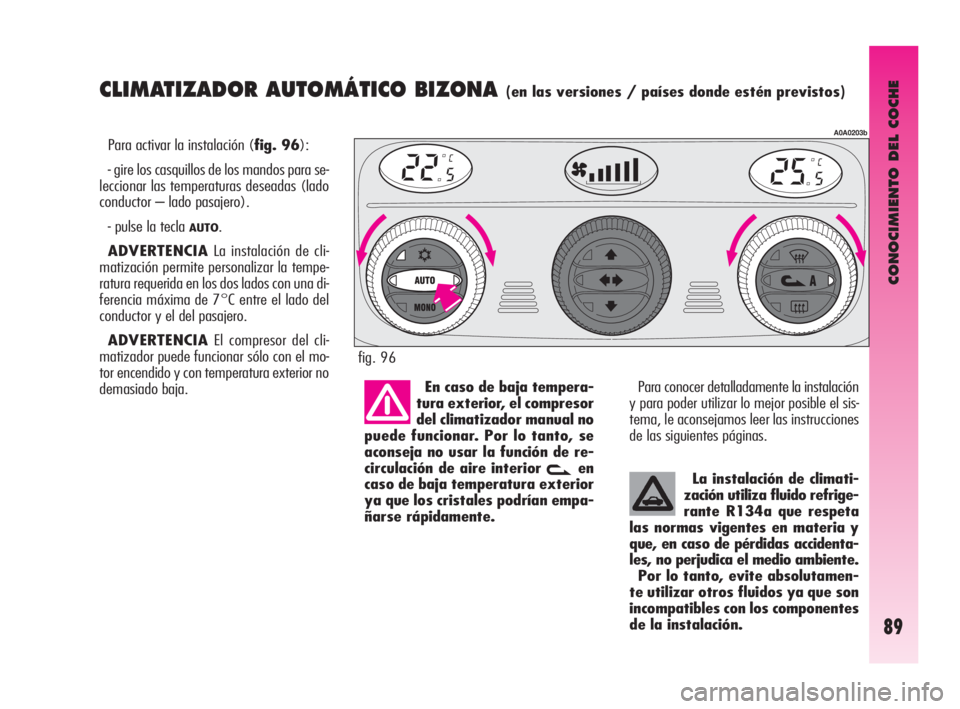 Alfa Romeo GT 2010  Manual de Empleo y Cuidado (in Spanish) CONOCIMIENTO DEL COCHE
89
CLIMATIZADOR AUTOMÁTICO BIZONA (en las versiones / países donde estén previstos)
Para activar la instalación (fig. 96):
- gire los casquillos de los mandos para se-
lecci