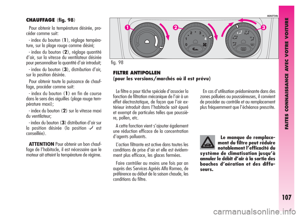 Alfa Romeo GT 2005  Notice dentretien (in French) FAITES CONNAISSANCE AVEC VOTRE VOITURE
107
CHAUFFAGE (fig. 98)
Pour obtenir la température désirée, pro-
céder comme suit:
- index du bouton (1), réglage tempéra-
ture, sur la plage rouge comme 