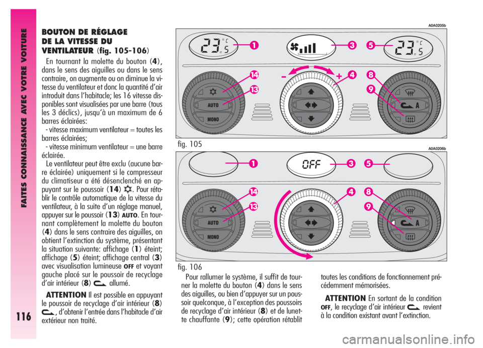 Alfa Romeo GT 2005 Notice dentretien (in French) FAITES CONNAISSANCE AVEC VOTRE VOITURE
116
BOUTON DE RÉGLAGE
DE LA VITESSE DU
VENTILATEUR
(fig. 105-106)
En tournant la molette du bouton (4),
dans le sens des aiguilles ou dans le sens
contraire, o Alfa Romeo GT 2005 Notice dentretien (in French) FAITES CONNAISSANCE AVEC VOTRE VOITURE
116
BOUTON DE RÉGLAGE
DE LA VITESSE DU
VENTILATEUR
(fig. 105-106)
En tournant la molette du bouton (4),
dans le sens des aiguilles ou dans le sens
contraire, o