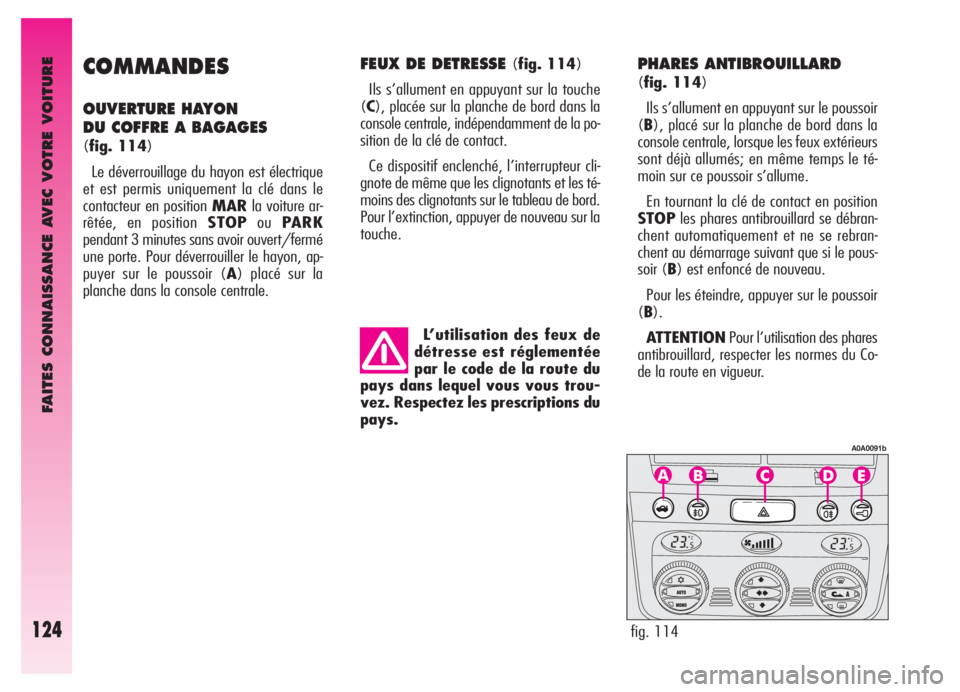 Alfa Romeo GT 2005 Notice dentretien (in French) FAITES CONNAISSANCE AVEC VOTRE VOITURE
124
COMMANDES
OUVERTURE HAYON
DU COFFRE A BAGAGES
(fig. 114)
Le déverrouillage du hayon est électrique
et est permis uniquement la clé dans le
contacteur en Alfa Romeo GT 2005 Notice dentretien (in French) FAITES CONNAISSANCE AVEC VOTRE VOITURE
124
COMMANDES
OUVERTURE HAYON
DU COFFRE A BAGAGES
(fig. 114)
Le déverrouillage du hayon est électrique
et est permis uniquement la clé dans le
contacteur en