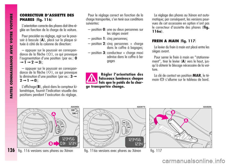 Alfa Romeo GT 2005 Notice dentretien (in French) FAITES CONNAISSANCE AVEC VOTRE VOITURE
126
Le réglage des phares au Xénon est auto-
matique; par conséquent, les versions pour-
vues de cet accessoire en option n’ont pas
le correcteur d’assiet Alfa Romeo GT 2005 Notice dentretien (in French) FAITES CONNAISSANCE AVEC VOTRE VOITURE
126
Le réglage des phares au Xénon est auto-
matique; par conséquent, les versions pour-
vues de cet accessoire en option n’ont pas
le correcteur d’assiet