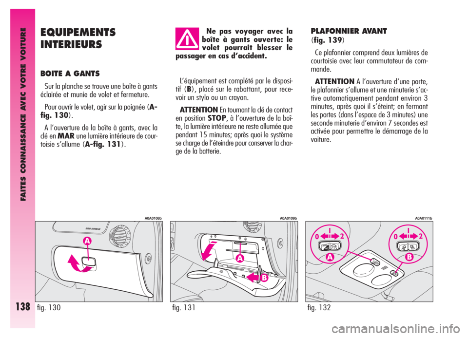 Alfa Romeo GT 2005 Notice dentretien (in French) FAITES CONNAISSANCE AVEC VOTRE VOITURE
138
EQUIPEMENTS
INTERIEURS
BOITE A GANTS
Sur la planche se trouve une boîte à gants
éclairée et munie de volet et fermeture.
Pour ouvrir le volet, agir sur Alfa Romeo GT 2005 Notice dentretien (in French) FAITES CONNAISSANCE AVEC VOTRE VOITURE
138
EQUIPEMENTS
INTERIEURS
BOITE A GANTS
Sur la planche se trouve une boîte à gants
éclairée et munie de volet et fermeture.
Pour ouvrir le volet, agir sur