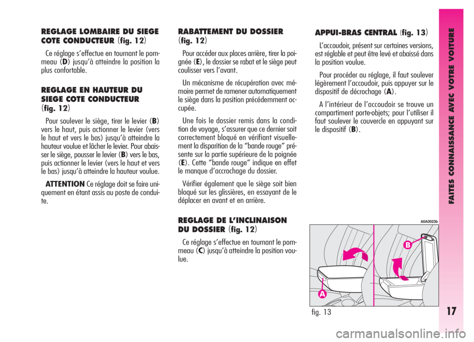 Alfa Romeo GT 2006  Notice dentretien (in French) FAITES CONNAISSANCE AVEC VOTRE VOITURE
17
APPUI-BRAS CENTRAL (fig. 13)
L’accoudoir, présent sur certaines versions,
est réglable et peut être levé et abaissé dans
la position voulue.
Pour proc�