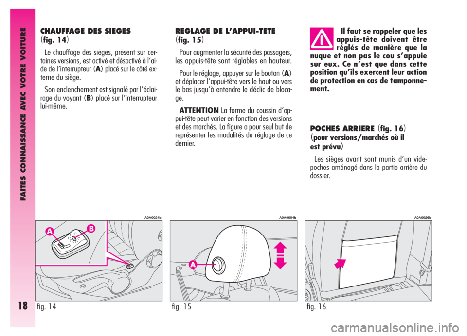 Alfa Romeo GT 2006  Notice dentretien (in French) FAITES CONNAISSANCE AVEC VOTRE VOITURE
18
POCHES ARRIERE (fig. 16)
(pour versions/marchés où il 
est prévu
)
Les sièges avant sont munis d’un vide-
poches aménagé dans la partie arrière du
do