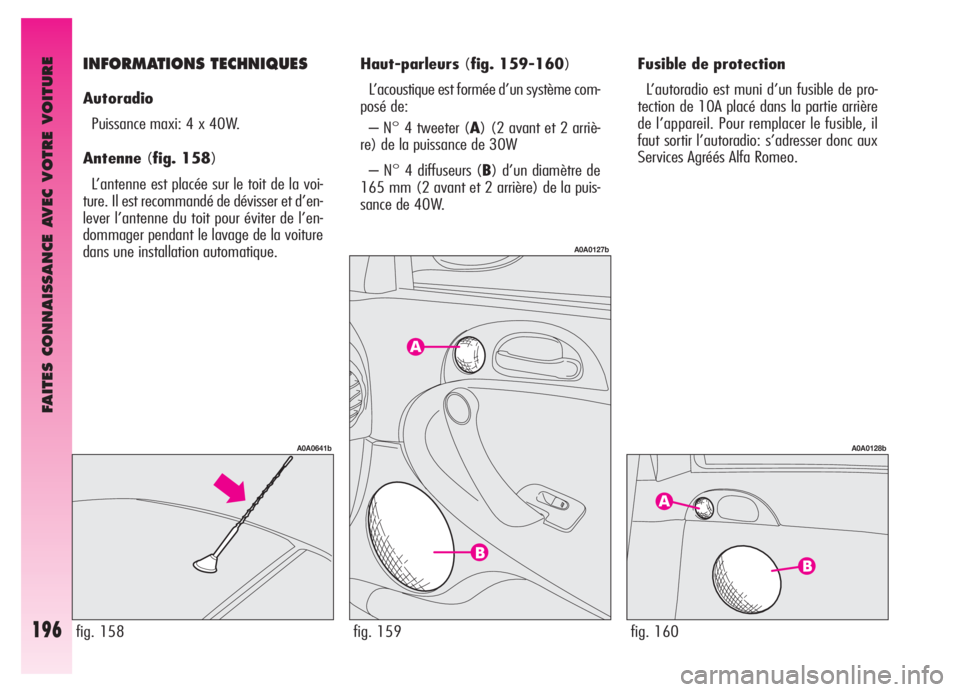 Alfa Romeo GT 2005 Notice dentretien (in French) FAITES CONNAISSANCE AVEC VOTRE VOITURE
196
Fusible de protection
L’autoradio est muni d’un fusible de pro-
tection de 10A placé dans la partie arrière
de l’appareil. Pour remplacer le fusible, Alfa Romeo GT 2005 Notice dentretien (in French) FAITES CONNAISSANCE AVEC VOTRE VOITURE
196
Fusible de protection
L’autoradio est muni d’un fusible de pro-
tection de 10A placé dans la partie arrière
de l’appareil. Pour remplacer le fusible,