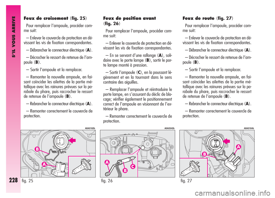 Alfa Romeo GT 2005  Notice dentretien (in French) S’IL VOUS ARRIVE
228
Feux de croisement(fig. 25)
Pour remplacer l’ampoule, procéder com-
me suit:
– Enlever le couvercle de protection en dé-
vissant les vis de fixation correspondantes.
– D