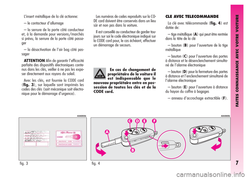 Alfa Romeo GT 2006 Notice dentretien (in French) FAITES CONNAISSANCE AVEC VOTRE VOITURE
7
L’insert métallique de la clé actionne:
– le contacteur d’allumage
– la serrure de la porte côté conducteur
et, à la demande pour versions/marché Alfa Romeo GT 2006 Notice dentretien (in French) FAITES CONNAISSANCE AVEC VOTRE VOITURE
7
L’insert métallique de la clé actionne:
– le contacteur d’allumage
– la serrure de la porte côté conducteur
et, à la demande pour versions/marché