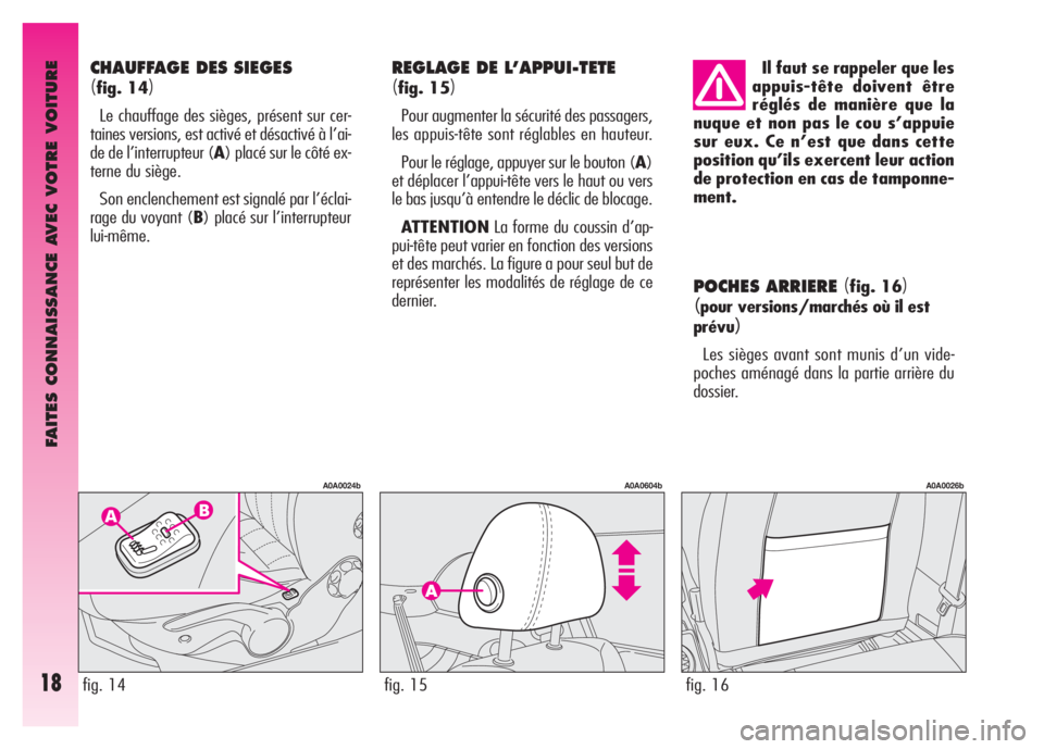 Alfa Romeo GT 2008  Notice dentretien (in French) FAITES CONNAISSANCE AVEC VOTRE VOITURE
18
POCHES ARRIERE (fig. 16)
(pour versions/marchés où il est
prévu
)
Les sièges avant sont munis d’un vide-
poches aménagé dans la partie arrière du
dos