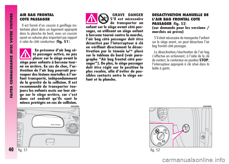 Alfa Romeo GT 2007 Notice dentretien (in French) FAITES CONNAISSANCE AVEC VOTRE VOITURE
40
AIR BAG FRONTAL
COTE PASSAGER
Il est formé d’un coussin à gonflage ins-
tantané placé dans un logement approprié
dans la planche de bord, avec un cous Alfa Romeo GT 2007 Notice dentretien (in French) FAITES CONNAISSANCE AVEC VOTRE VOITURE
40
AIR BAG FRONTAL
COTE PASSAGER
Il est formé d’un coussin à gonflage ins-
tantané placé dans un logement approprié
dans la planche de bord, avec un cous