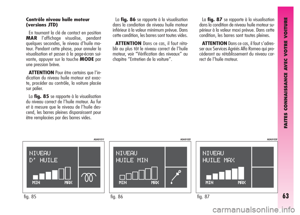 Alfa Romeo GT 2008  Notice dentretien (in French) FAITES CONNAISSANCE AVEC VOTRE VOITURE
63
Contrôle niveau huile moteur
(versions JTD) 
En tournant la clé de contact en position
MARl’affichage visualise, pendant
quelques secondes, le niveau d’
