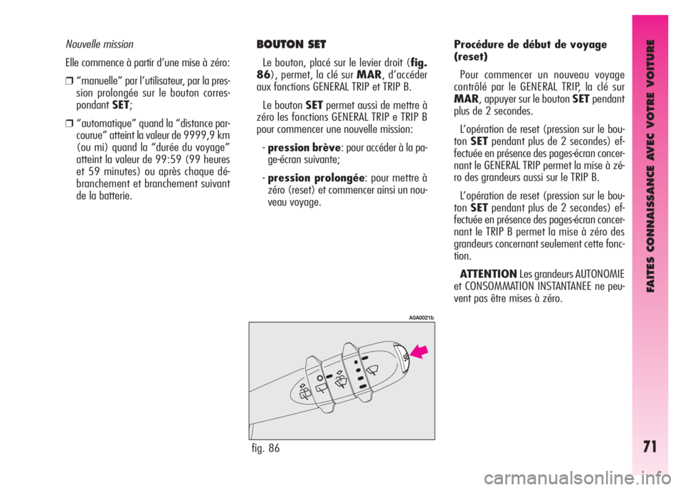 Alfa Romeo GT 2008  Notice dentretien (in French) FAITES CONNAISSANCE AVEC VOTRE VOITURE
71
BOUTON SET 
Le bouton, placé sur le levier droit (fig.
86), permet, la clé sur MAR, d’accéder
aux fonctions GENERAL TRIP et TRIP B. 
Le bouton SETpermet 