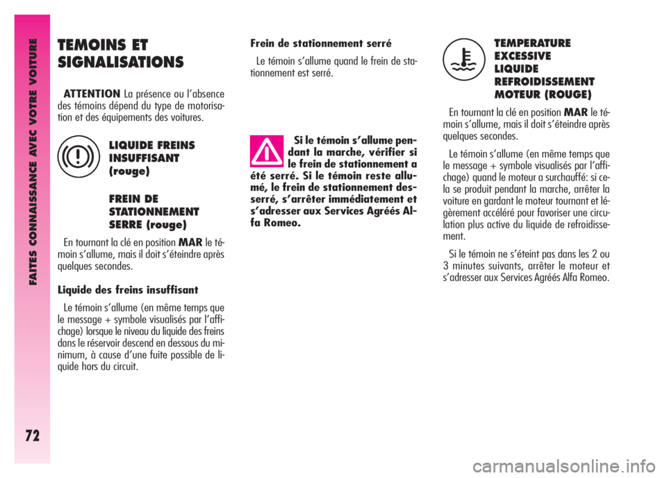 Alfa Romeo GT 2008  Notice dentretien (in French) FAITES CONNAISSANCE AVEC VOTRE VOITURE
72
Frein de stationnement serré 
Le témoin s’allume quand le frein de sta-
tionnement est serré. TEMPERATURE 
EXCESSIVE
LIQUIDE
REFROIDISSEMENT
MOTEUR (ROUG