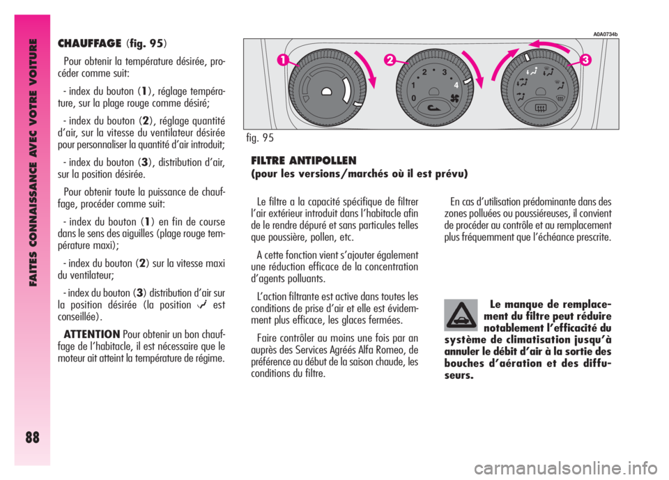 Alfa Romeo GT 2007 Notice dentretien (in French) FAITES CONNAISSANCE AVEC VOTRE VOITURE
88
CHAUFFAGE (fig. 95)
Pour obtenir la température désirée, pro-
céder comme suit:
- index du bouton (1), réglage tempéra-
ture, sur la plage rouge comme Alfa Romeo GT 2007 Notice dentretien (in French) FAITES CONNAISSANCE AVEC VOTRE VOITURE
88
CHAUFFAGE (fig. 95)
Pour obtenir la température désirée, pro-
céder comme suit:
- index du bouton (1), réglage tempéra-
ture, sur la plage rouge comme