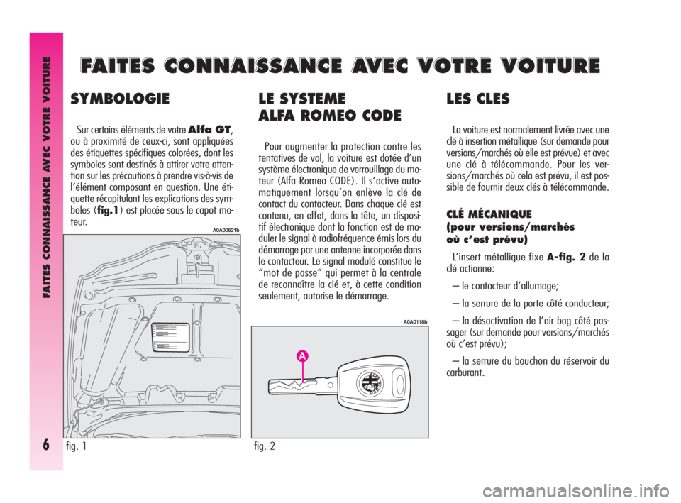 Alfa Romeo GT 2009  Notice dentretien (in French) FAITES CONNAISSANCE AVEC VOTRE VOITURE
6
LE SYSTEME 
ALFA ROMEO CODE
Pour augmenter la protection contre les
tentatives de vol, la voiture est dotée d’un
système électronique de verrouillage du m