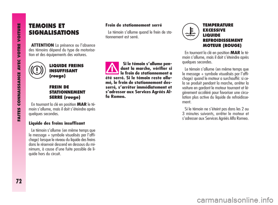Alfa Romeo GT 2009  Notice dentretien (in French) FAITES CONNAISSANCE AVEC VOTRE VOITURE
72
Frein de stationnement serré 
Le témoin s’allume quand le frein de sta-
tionnement est serré. TEMPERATURE 
EXCESSIVE
LIQUIDE
REFROIDISSEMENT
MOTEUR (ROUG