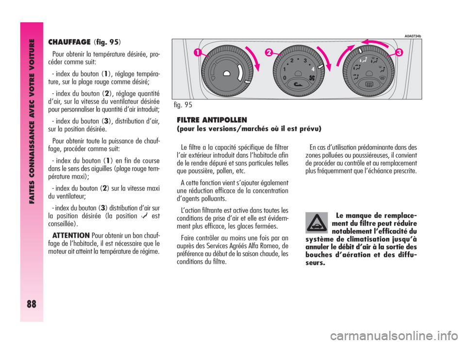 Alfa Romeo GT 2009 Notice dentretien (in French) FAITES CONNAISSANCE AVEC VOTRE VOITURE
88
CHAUFFAGE (fig. 95)
Pour obtenir la température désirée, pro-
céder comme suit:
- index du bouton (1), réglage tempéra-
ture, sur la plage rouge comme Alfa Romeo GT 2009 Notice dentretien (in French) FAITES CONNAISSANCE AVEC VOTRE VOITURE
88
CHAUFFAGE (fig. 95)
Pour obtenir la température désirée, pro-
céder comme suit:
- index du bouton (1), réglage tempéra-
ture, sur la plage rouge comme