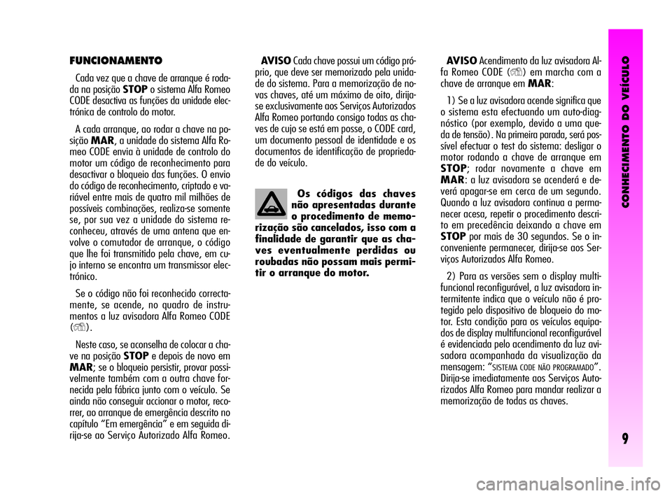 Alfa Romeo GT 2005  Manual de Uso e Manutenção (in Portuguese) CONHECIMENTO DO VEÍCULO
9
Os códigos das chaves
não apresentadas durante
o procedimento de memo-
rização são cancelados, isso com a
finalidade de garantir que as cha-
ves eventualmente perdidas 
