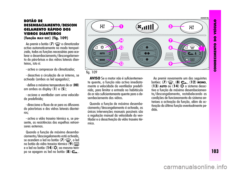 Alfa Romeo GT 2010 Manual de Uso e Manutenção (in Portuguese) CONHECIMENTO DO VEÍCULO
103
BOTÃO DE
DESEMBACIAMENTO/DESCON
GELAMENTO RÁPIDO DOS
VIDROS DIANTEIROS
(funçãoMAX-DEF) (fig. 109)
Ao premir o botão (7)
-o climatizador
activa automaticamente no m Alfa Romeo GT 2010 Manual de Uso e Manutenção (in Portuguese) CONHECIMENTO DO VEÍCULO
103
BOTÃO DE
DESEMBACIAMENTO/DESCON
GELAMENTO RÁPIDO DOS
VIDROS DIANTEIROS
(funçãoMAX-DEF) (fig. 109)
Ao premir o botão (7)
-o climatizador
activa automaticamente no m