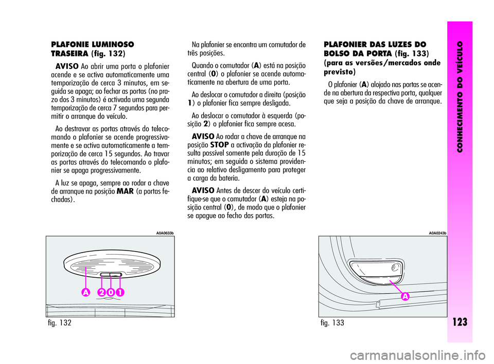 Alfa Romeo GT 2005  Manual de Uso e Manutenção (in Portuguese) CONHECIMENTO DO VEÍCULO
123
PLAFONIE LUMINOSO 
TRASEIRA
(fig. 132)
AVISOAo abrir uma porta o plafonier
acende e se activa automaticamente uma
temporização de cerca 3 minutos, em se-
guida se apaga;